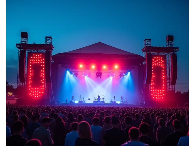 Gran sistema de sonido distribuido en un festival al aire libre con múltiples torres de altavoces line array y consolas de mezcla gigantes.